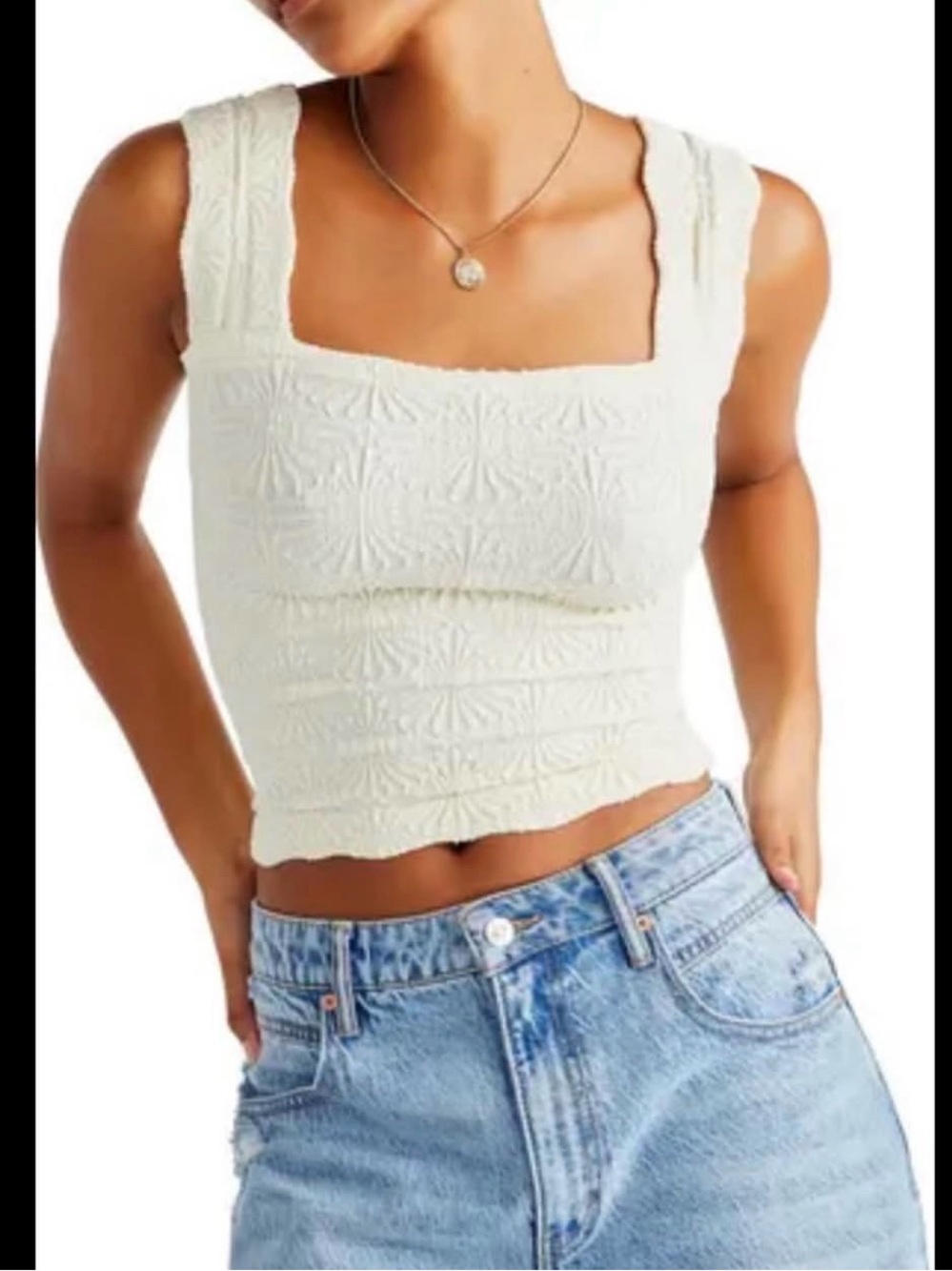 Free People Cream Textured Square-Neck Crop Tank